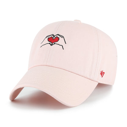 Pictured is this Love Icon Base Runner '47 CLEAN UP cap in pink. 1